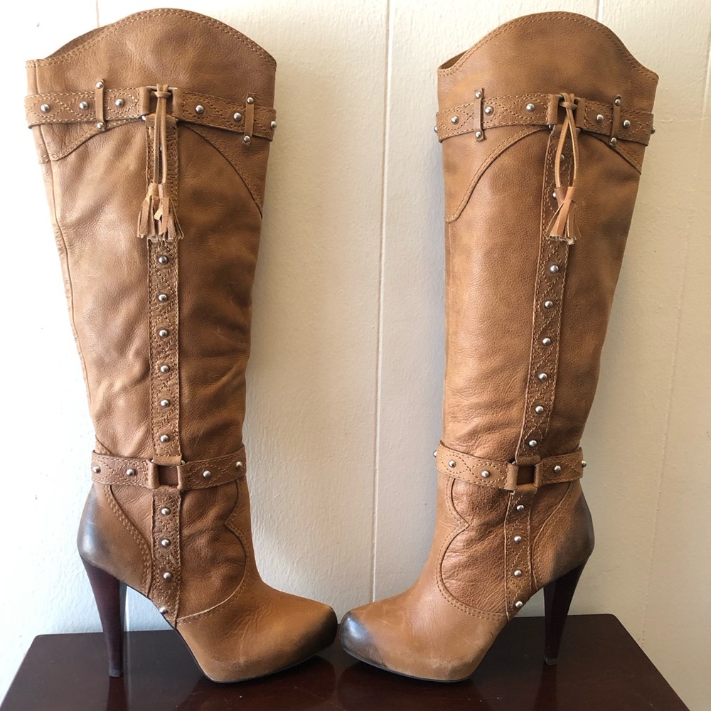 Gianni Bini Tan Leather Knee-High Studded Tassel Boots